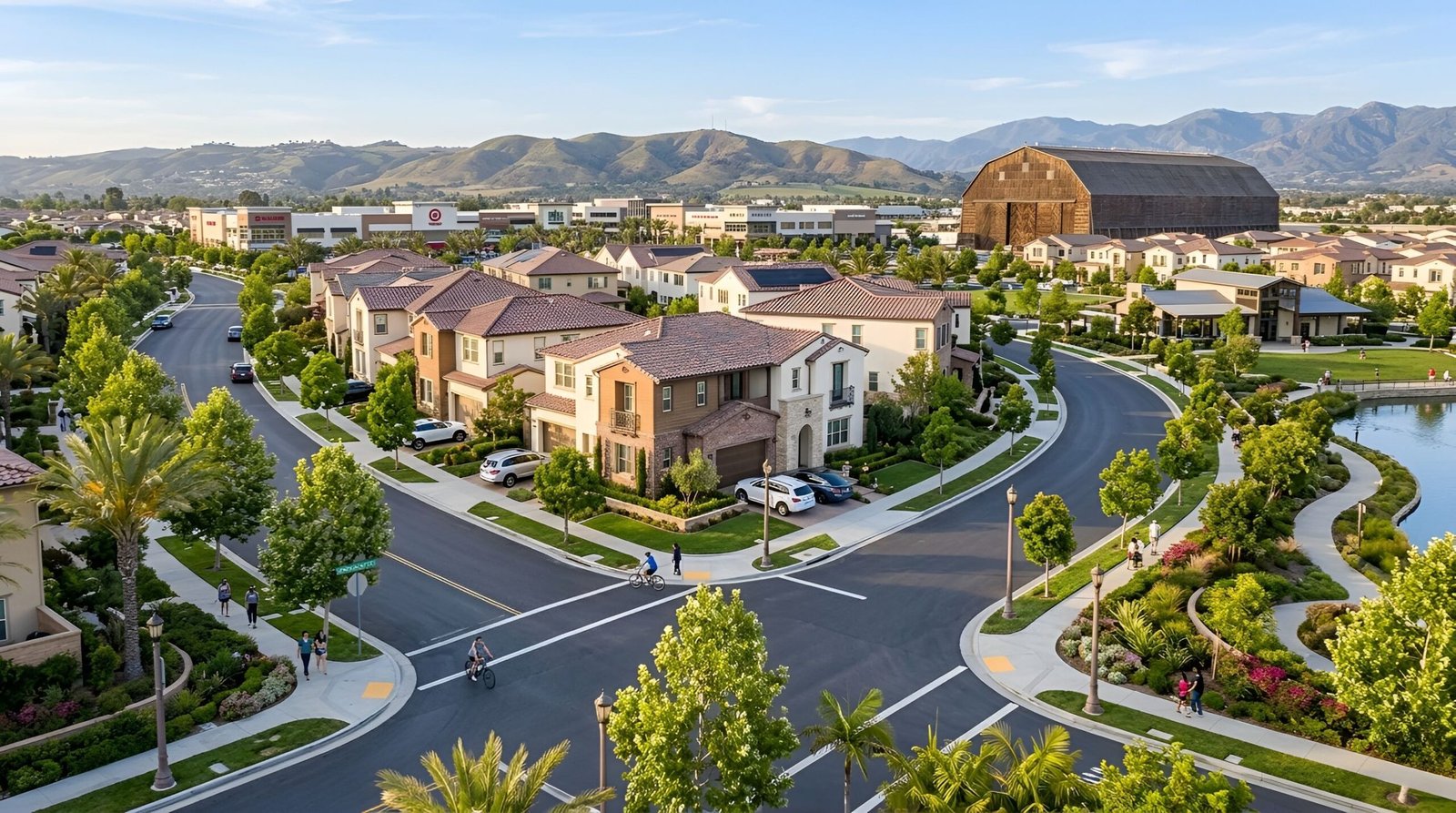 Aerial view of neighborhood homes and mountain landscape.