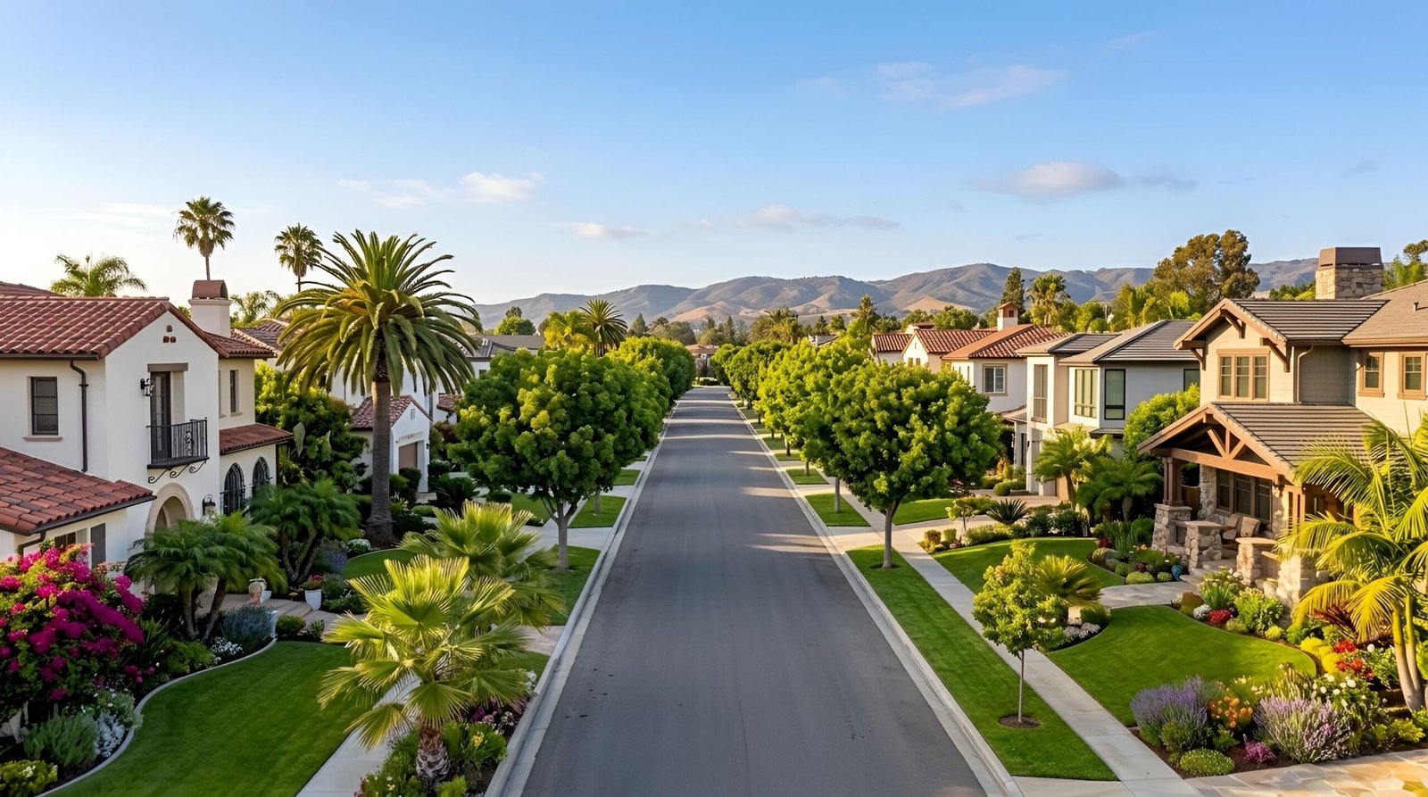 Sunny residential street with palm trees and homes.