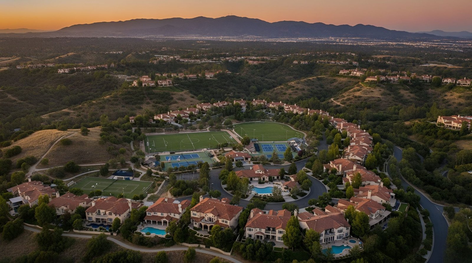 Aerial view of neighborhood and hills at sunset.