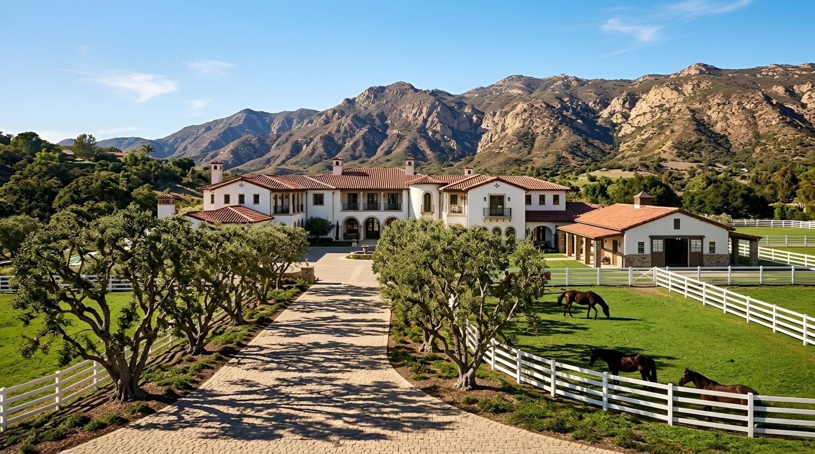Large luxury estate with mountains in the background.