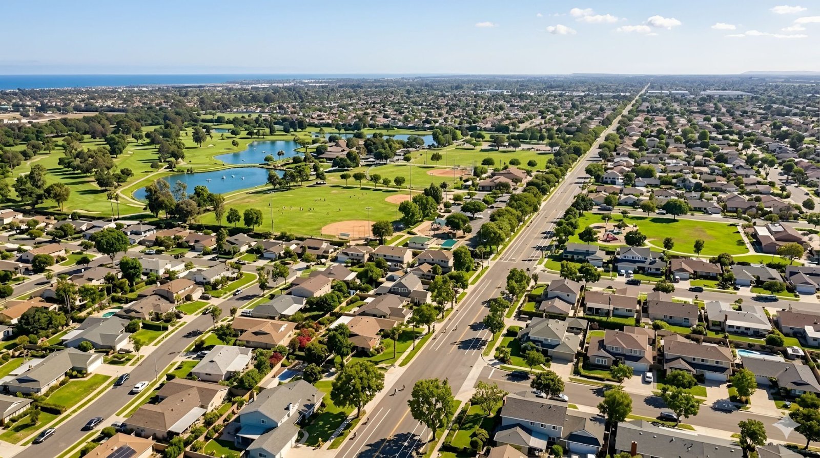 Aerial view of suburban homes, parks, and open fields.