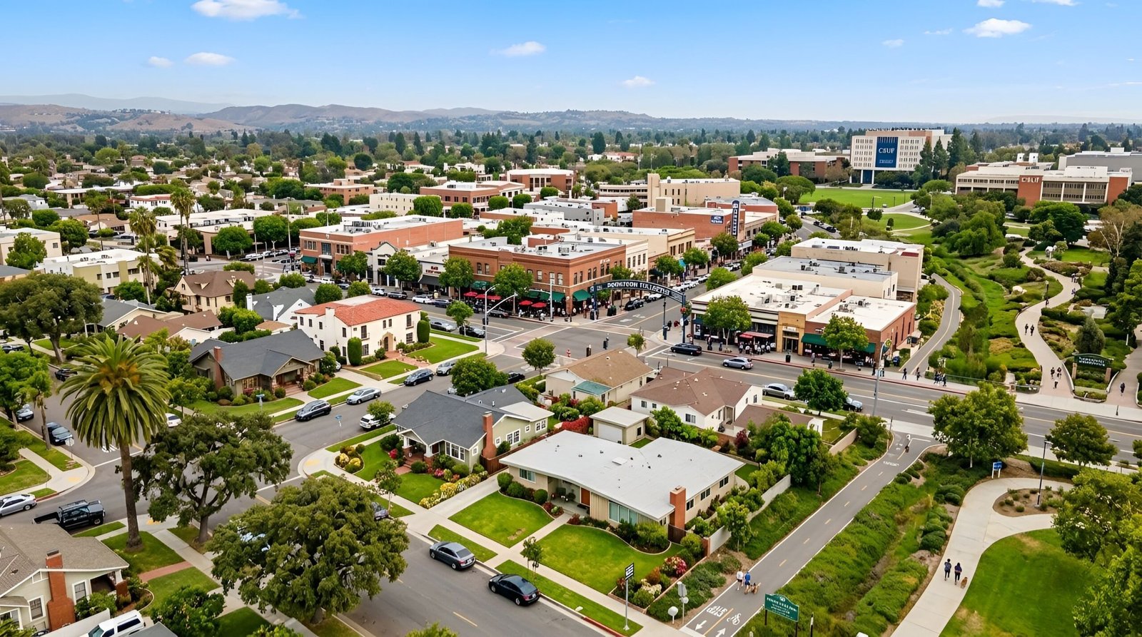 Aerial view of city streets, buildings, and homes.
