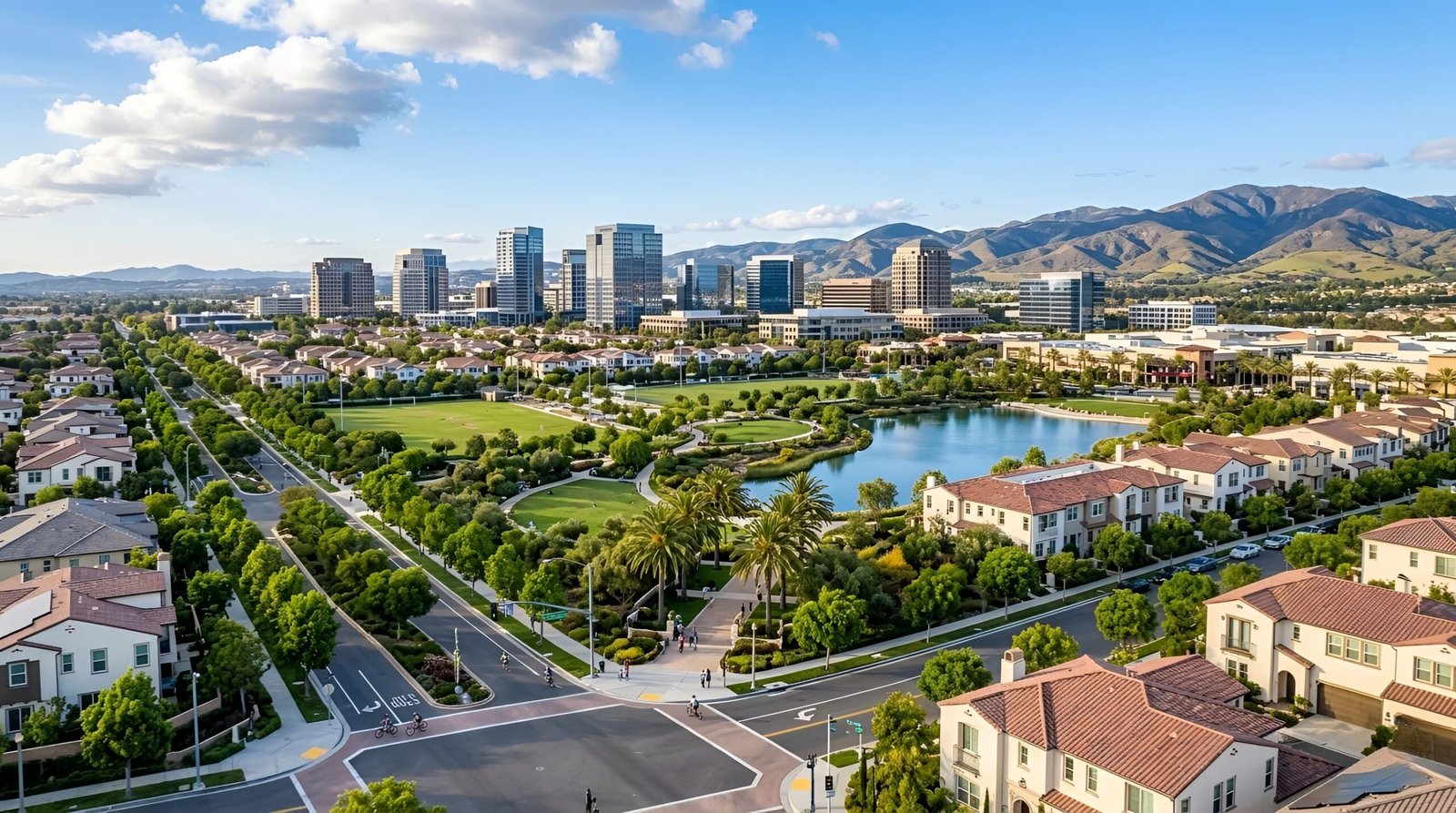 City skyline with lake, trees, and walking paths.