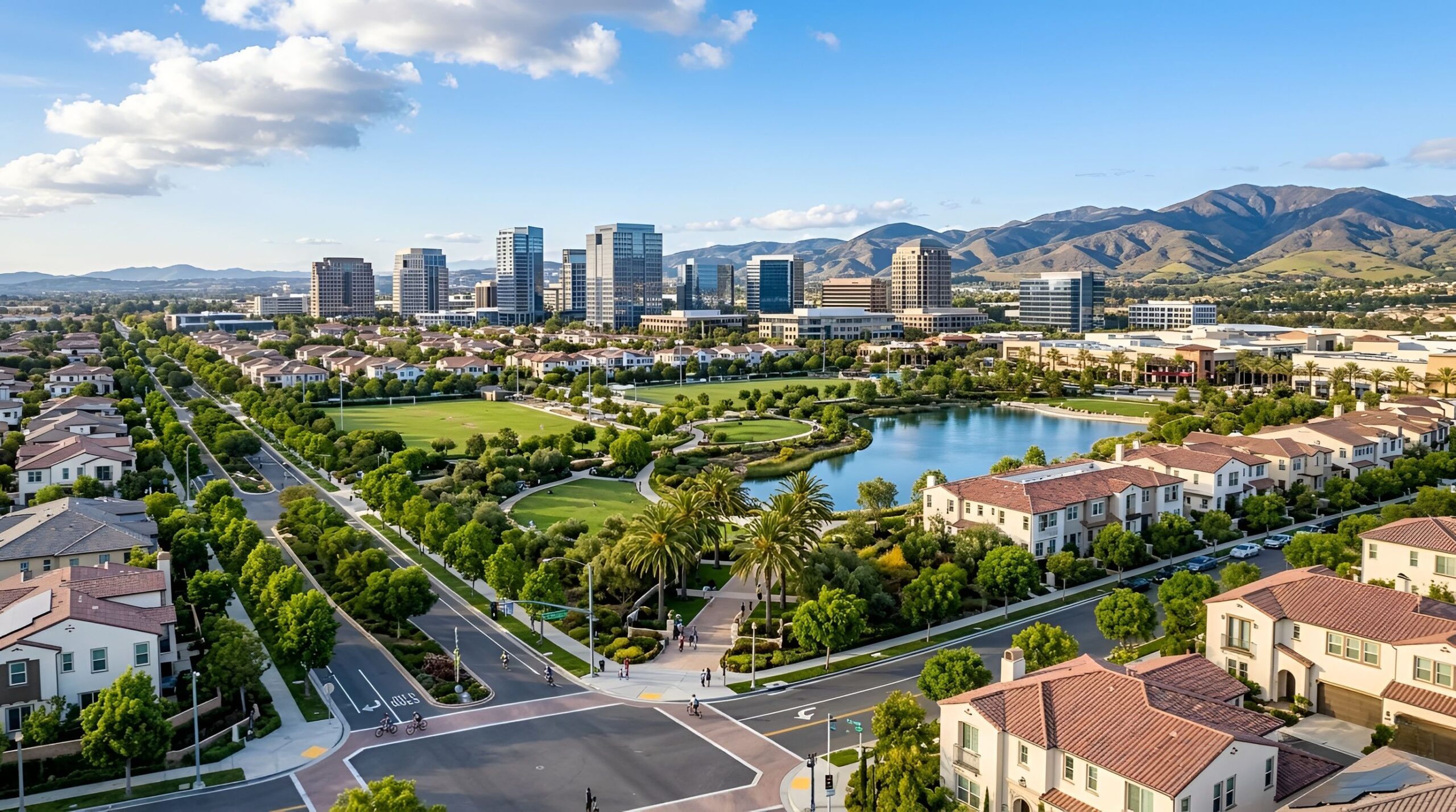 City skyline with lake, trees, and walking paths.