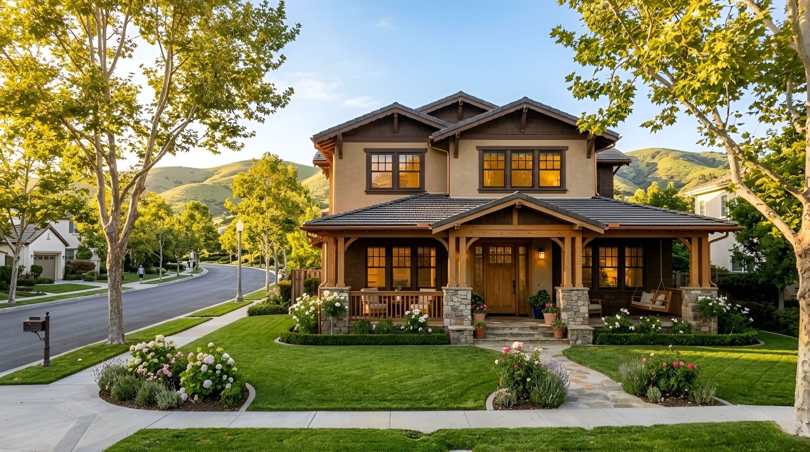 Two-story brown home with trees and green landscaping.