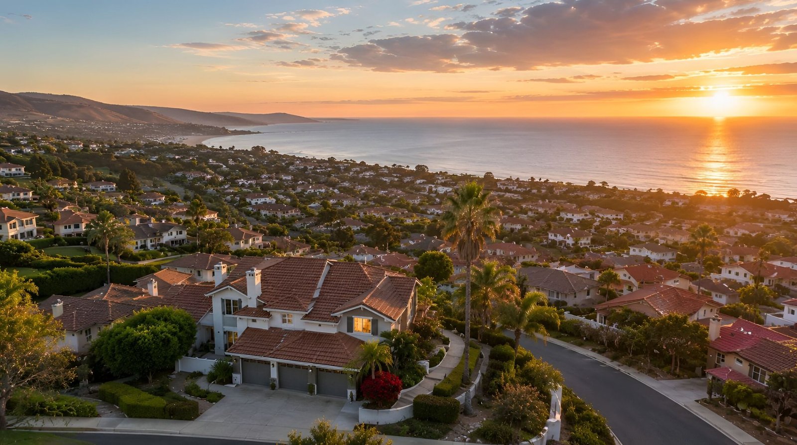 Hillside neighborhood with homes at sunset.