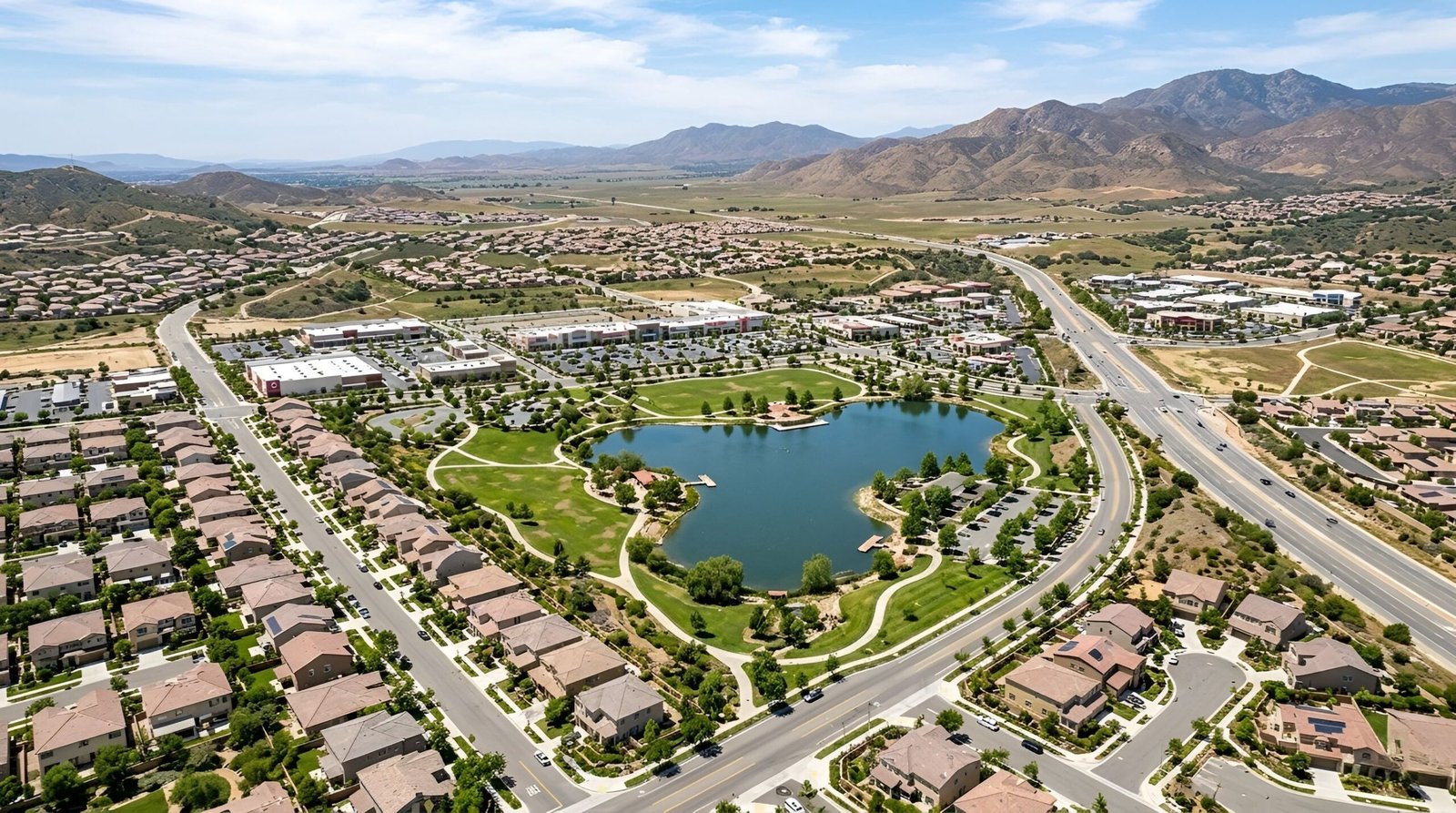 Aerial view of lake, golf course, and nearby homes.