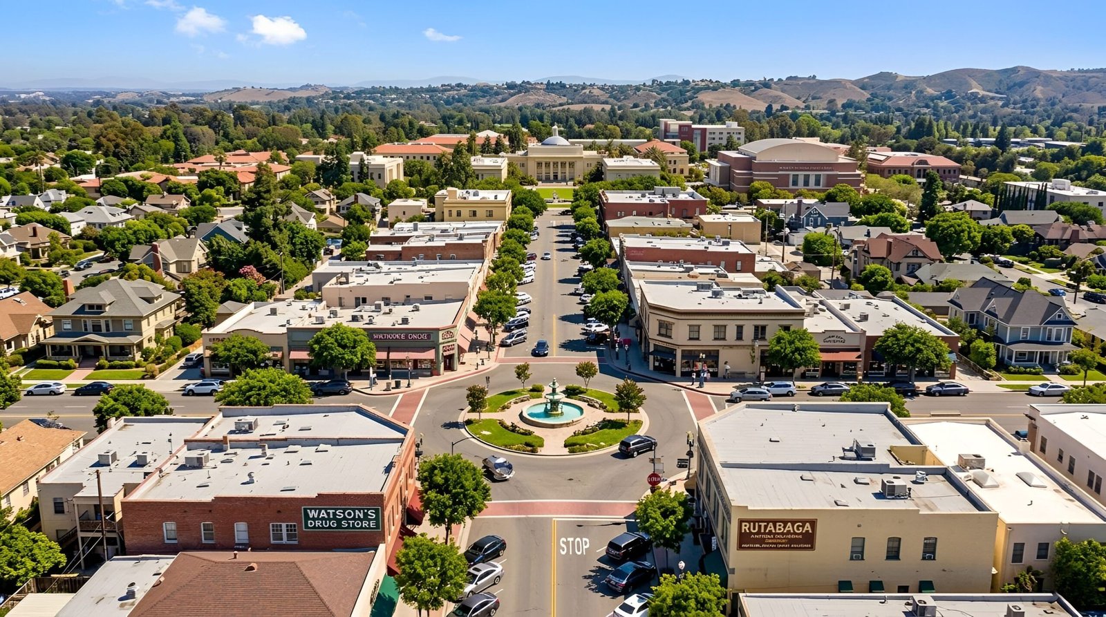 Aerial view of office buildings and parking areas.
