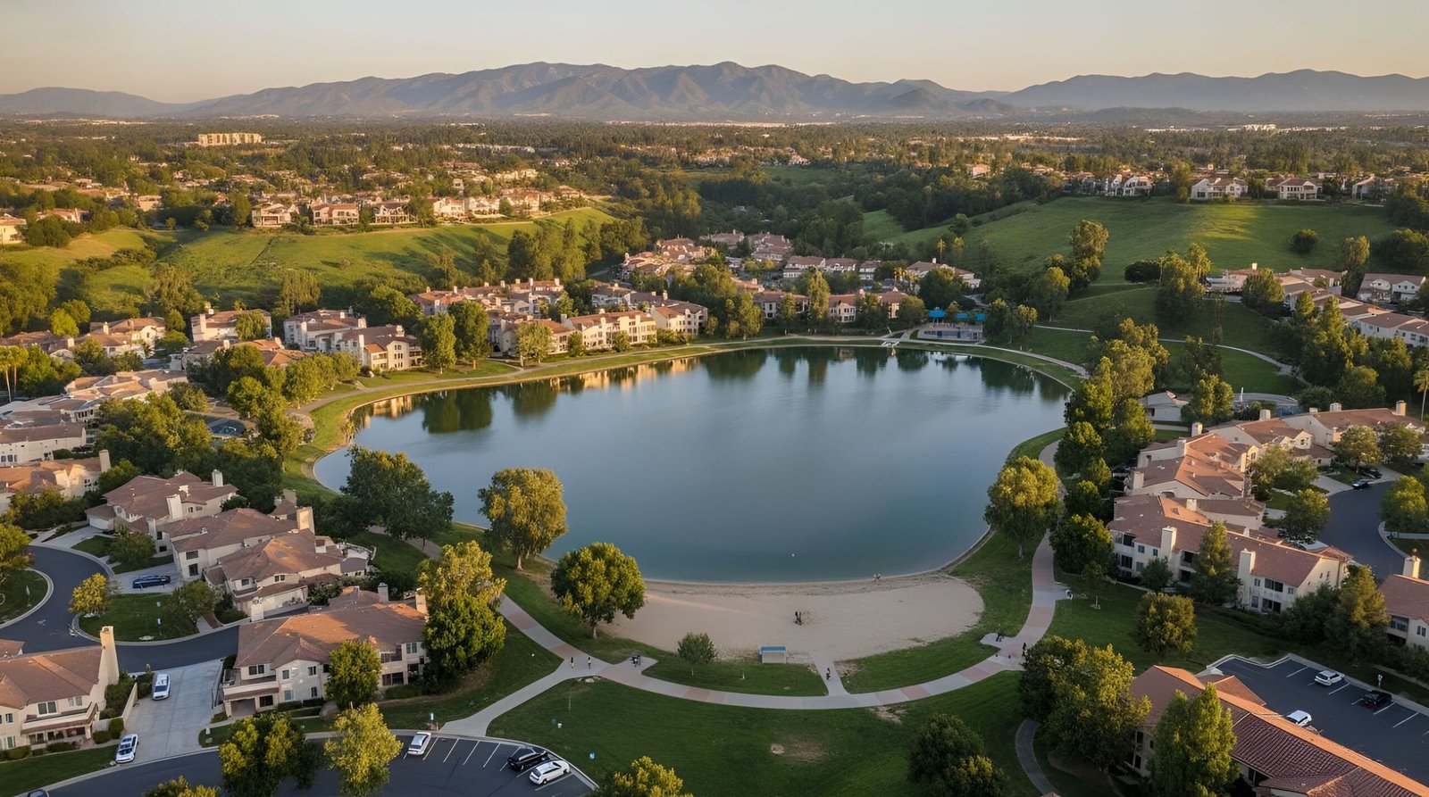 Aerial view of lake community with mountains in the background.