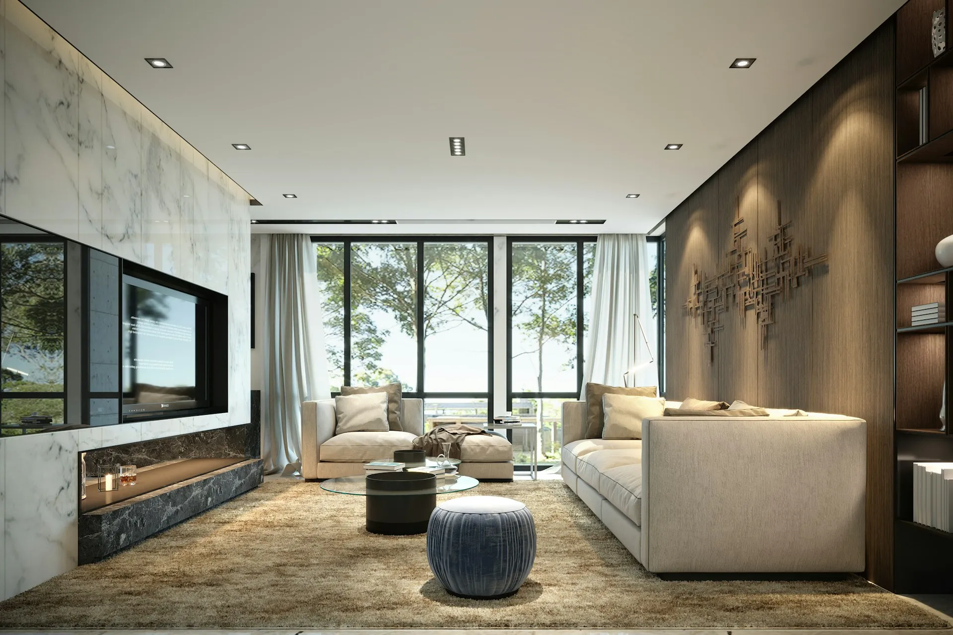 Modern luxury living room with floor-to-ceiling windows, neutral-toned sofas, a marble feature wall with a fireplace, and warm wood paneling.